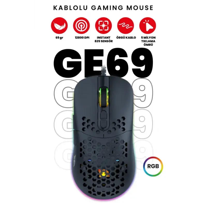 Gameagle GE69B Ultra Hafif RGB Kablolu Optik Oyuncu Mouse - 12800 DPI Siyah