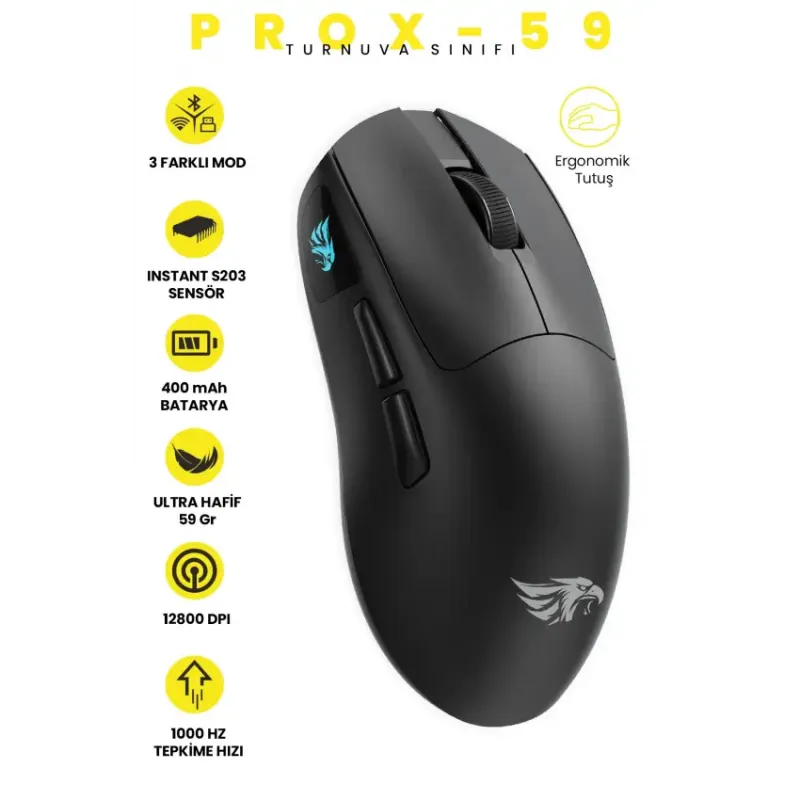 Gameagle PROX-59B Ultra Hafif 3 Modlu Kablosuz Optik Oyuncu Mouse - Siyah